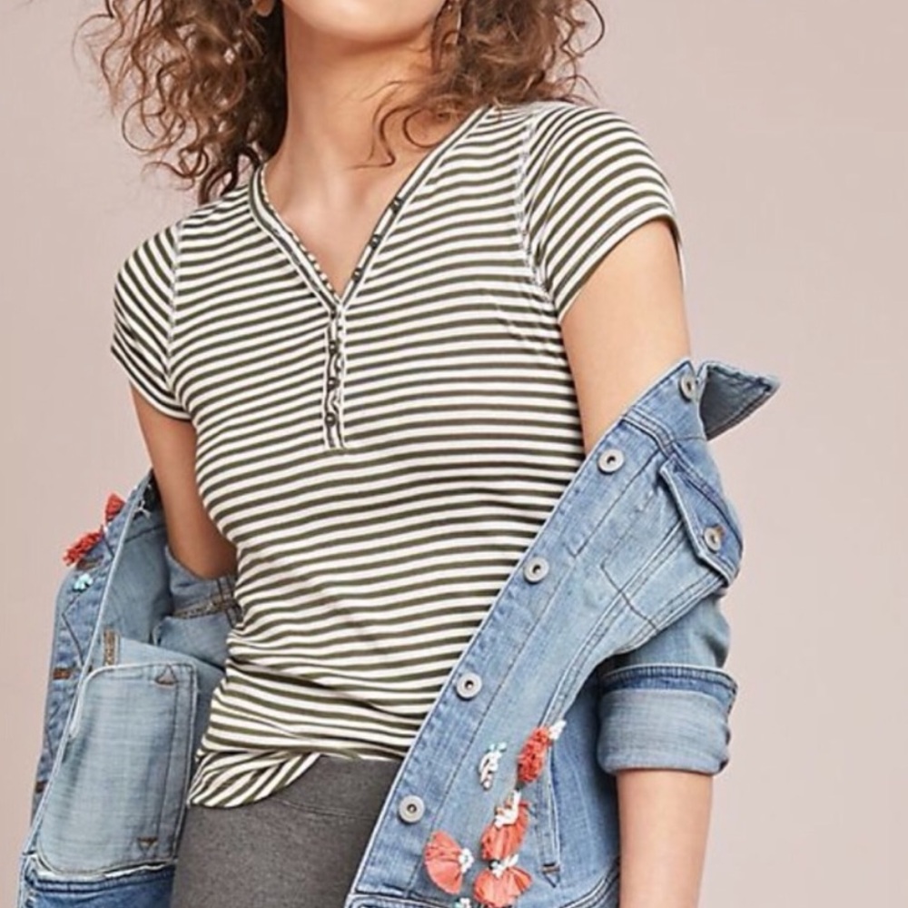 Anthro Pure + Good - Striped Henley Tee Green - M